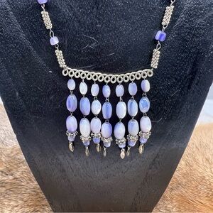 Vintage Blue Purple Glass Opal Necklace Wire Wrapped Coil Beads and Drop Pendant